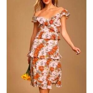 Lulus Fleur Evermore Pink Ruffle Tiered Midi Dress Sz Medium Pink Floral